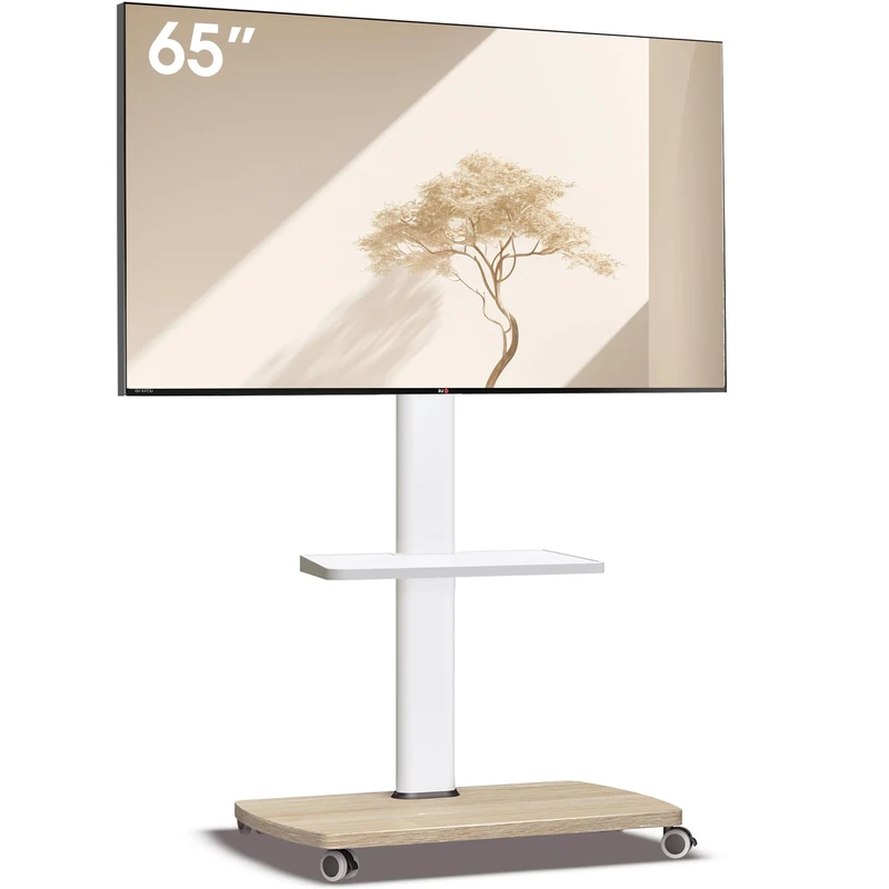 AOKCOS Mobile TV Stand on Wheels with Wooden Base and Shelf for 32-65 inch TVs, TV Floor Stand Height Adjustable Swivel Tlit, up to 40 kg max. VESA 400x400mm