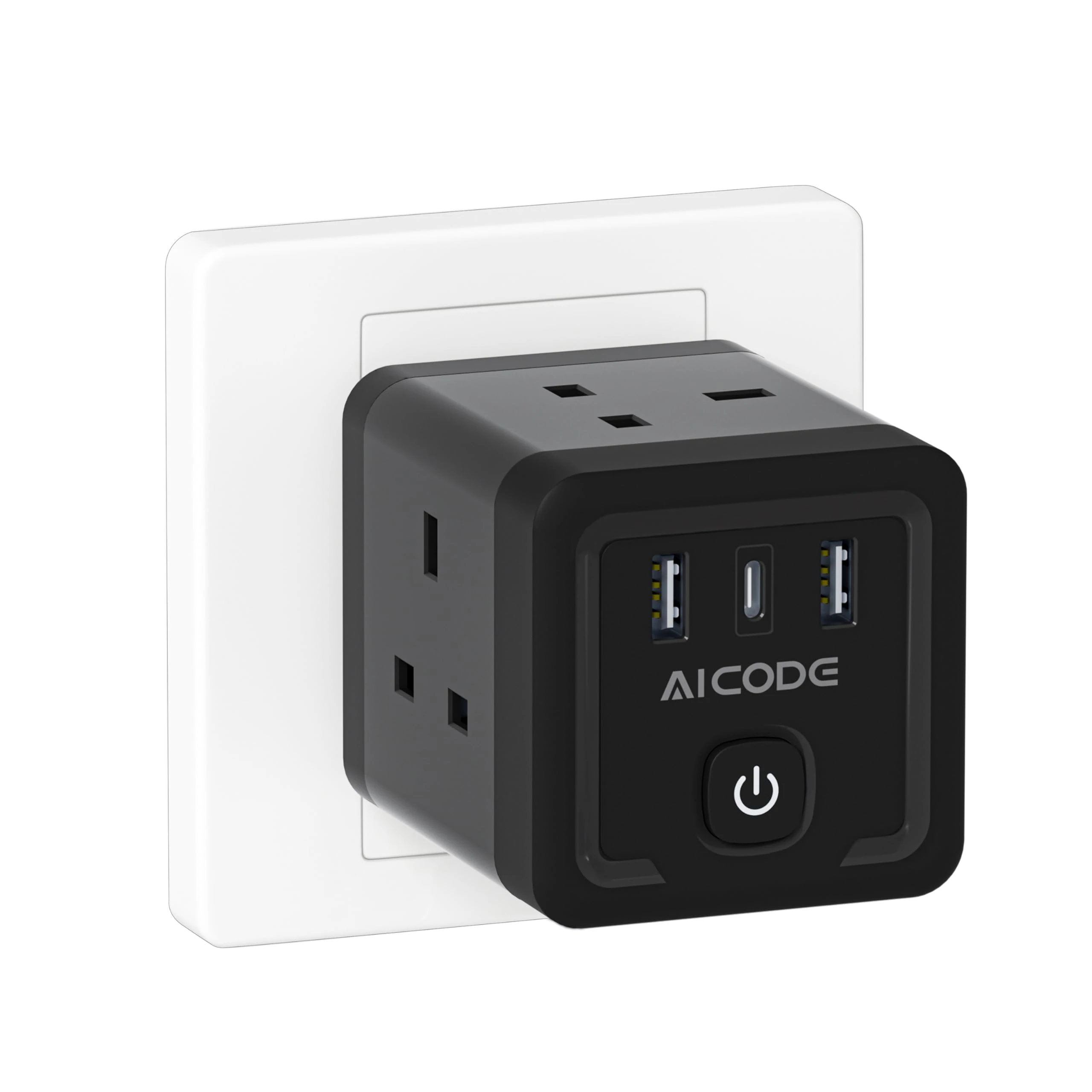 Multi Plug Adapter with 3 USB, AICODE 4 Way Multi Plug Extension with USB C,13A 3250W Cube Wall Socket with Switch,Wall Plug Extender Socket,Charger Block for Home Office Travel,Black