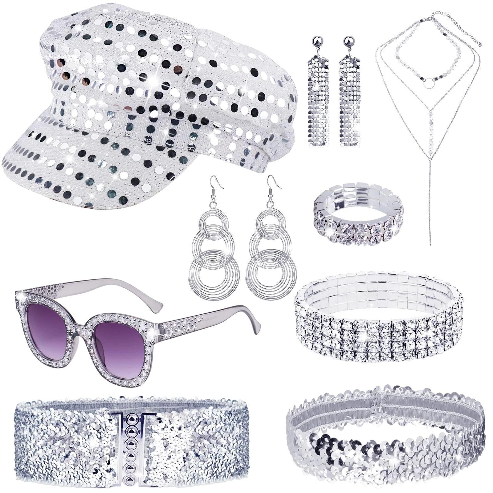9Pcs 70s Silver Abba Accessories Set, Glitter Disco Fancy Dress Costume with Abba Hat Sequin Headband Sunglasses Earrings Necklace Ring Bracelet Belt for Women Hippie Theme Party Carnival