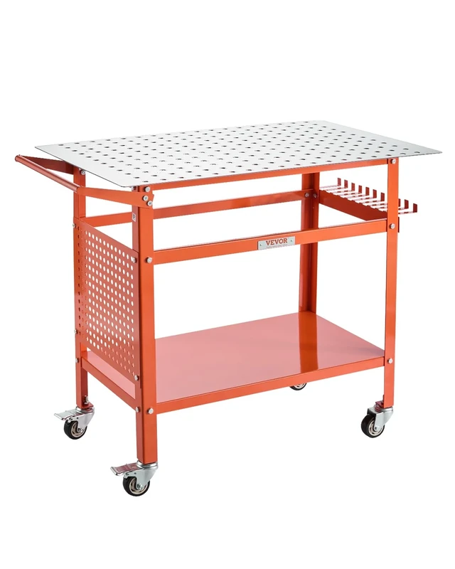 VEVOR Welding Table, 40" x 24" Welding Workbench Table with 800LBS Static Weight Capacity, Movable Steel Work Bench with 4 Wheels (2 with Brake), Double-Layer Storage Board and 5/8-inch Fixture Holes