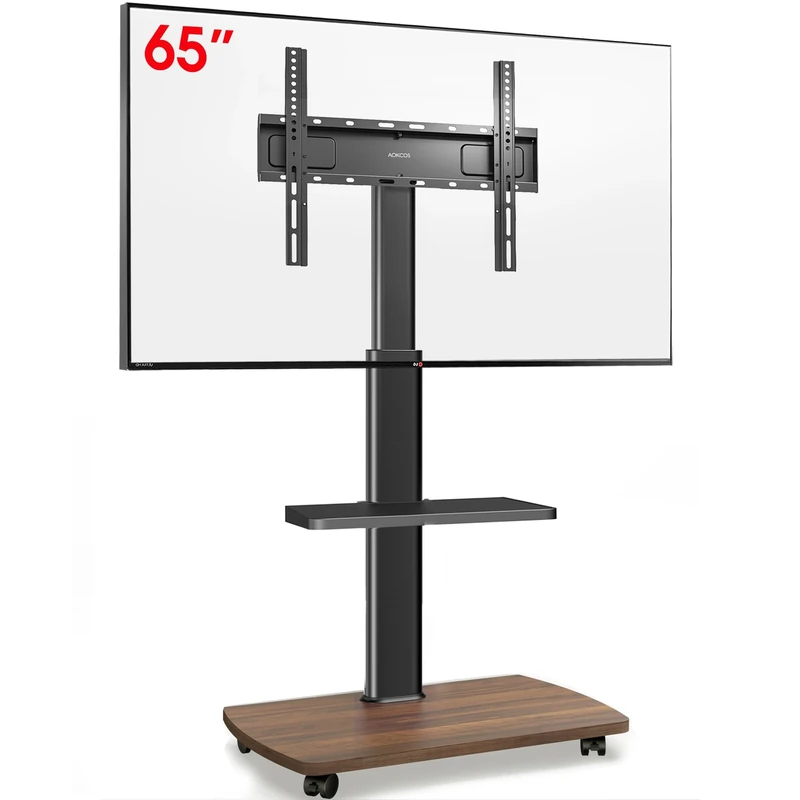 AOKCOS Mobile TV Stand on Wheels with Wooden Base and Shelf for 32-65 inch TVs, TV Floor Stand Height Adjustable Swivel Tlit, up to 40 kg max. VESA 400x400mm