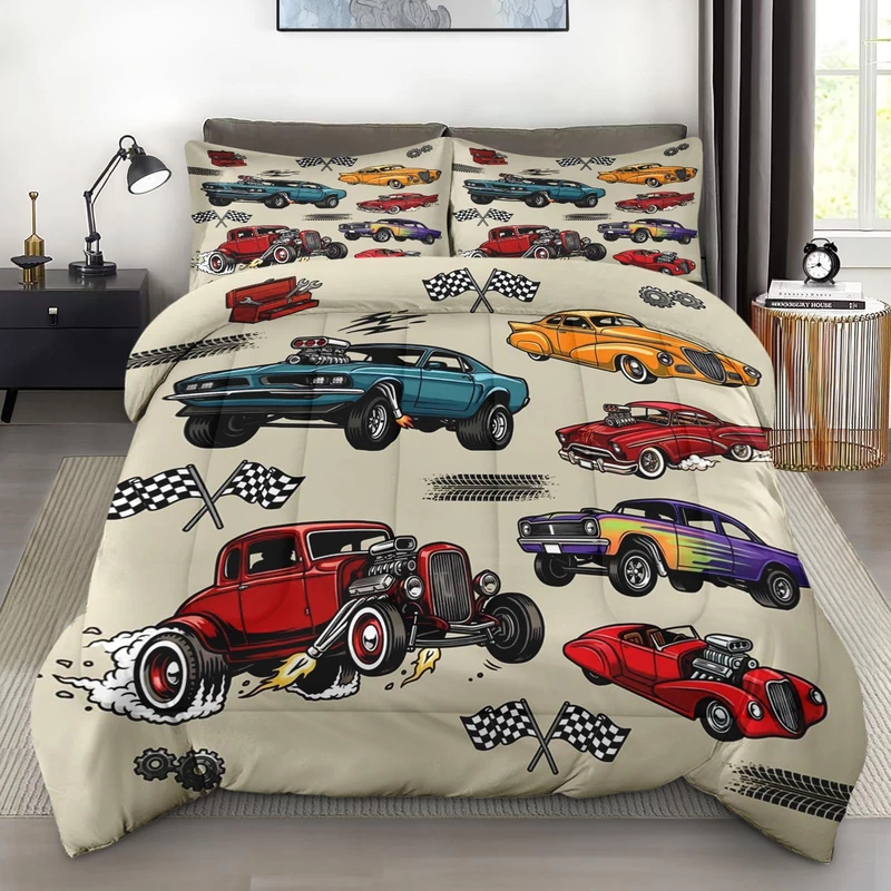Pamnest Comforter Set Queen Size, Retro Car Truck Colorful Soft 3 Pcs Bedding for Kids and Adults, Red American Flag Vintage Comforter Set with Pillowcase, for Bedroom Bed Decor