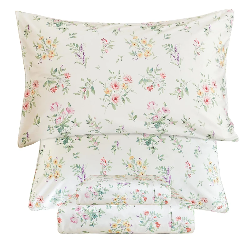 QSH Green Floral Egyptian Cotton Sheets King Size, Yellow Flowers Pattern Printed Bed Sheets Sets King Size Botanical Aesthetic Extra Soft and Breathable 17.5" Deep Pockets Bedding Sheets 4pcs
