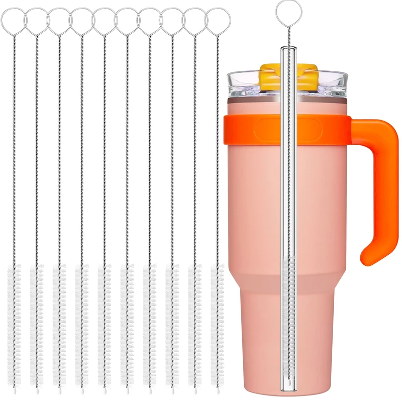YUNGMAX Long Straw Cleaner Brush, 10 Pieces 30cm Stainless Steel & Nylon Pipe Cleaner for Cleaning Water Bottle, Reusable Straws & Cups