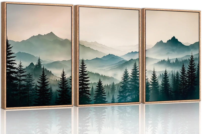 HPNIUB Large Green Mountain Framed Canvas Wall Art,Boho Foggy Forest Wall Decor,Modern Watercolor Pine Tree Wall Painting,Nature Mountains Landscape Art Print for Living Room,Bedroom,Office- 24"x36"x3