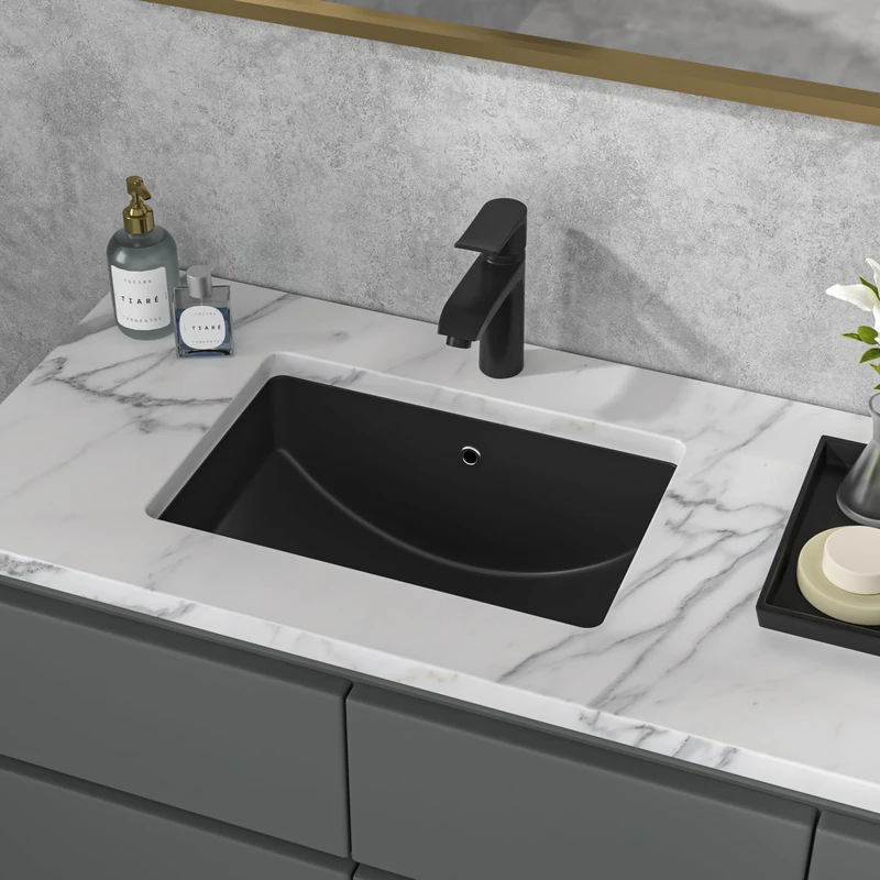 Sarlai Black Undermount Bathroom Sink - 21 x 15 inch Rectangular Vessel Sink Undermount Modern Black Ceramic Rectangle Vanity Sink Art Basin with Overflow, Interior Bowl Size 19-2/9" x 13-1/9"