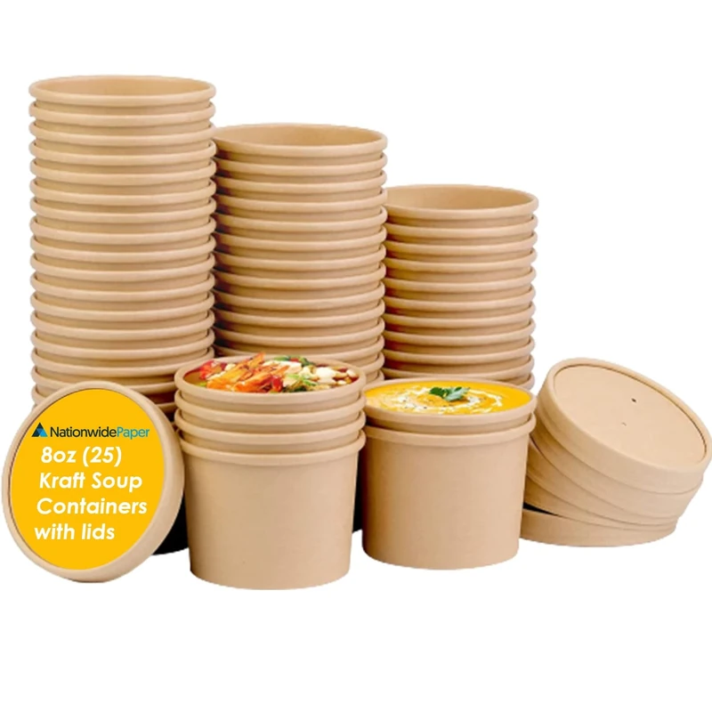 Nationwide Paper 8oz Brown Kraft Disposable Soup Containers with Lids 250 Pcs of Paper Soup Bowls Takeaway Tubs Perfect for Ice Cream and Deli Containers (230ml)