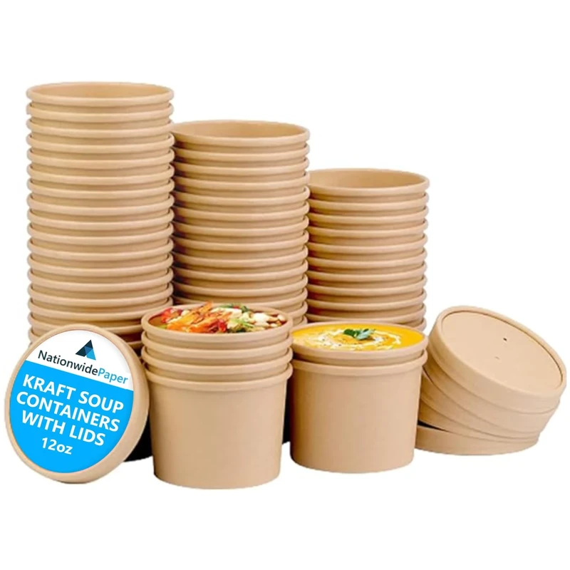 Nationwide Paper 12oz Brown Kraft Disposable Soup Containers with Lids 250 Pcs of Paper Soup Bowls Takeaway Tubs Perfect for Ice Cream and Deli Containers (340ml)