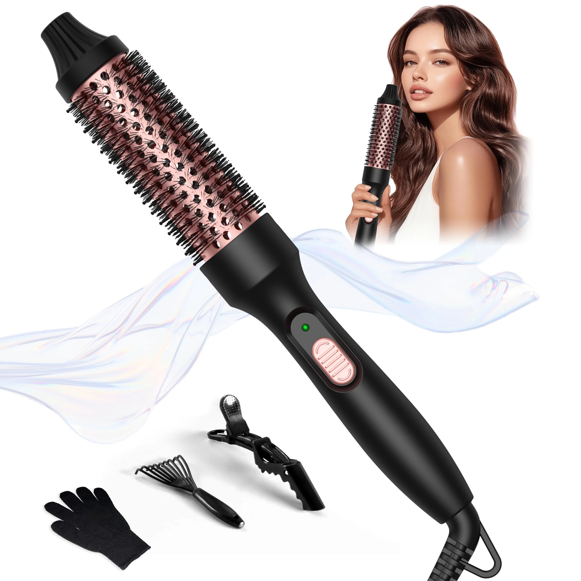 UKLISS Thermal Brush for Hair, 3 in 1 Heated Round Brush, 32mm Hot Hair Brush with 392℉, Beginner-Friendly & Lightweight Hot Brushes for Hair Styling, Double Voltage for Travel (Black Rose)