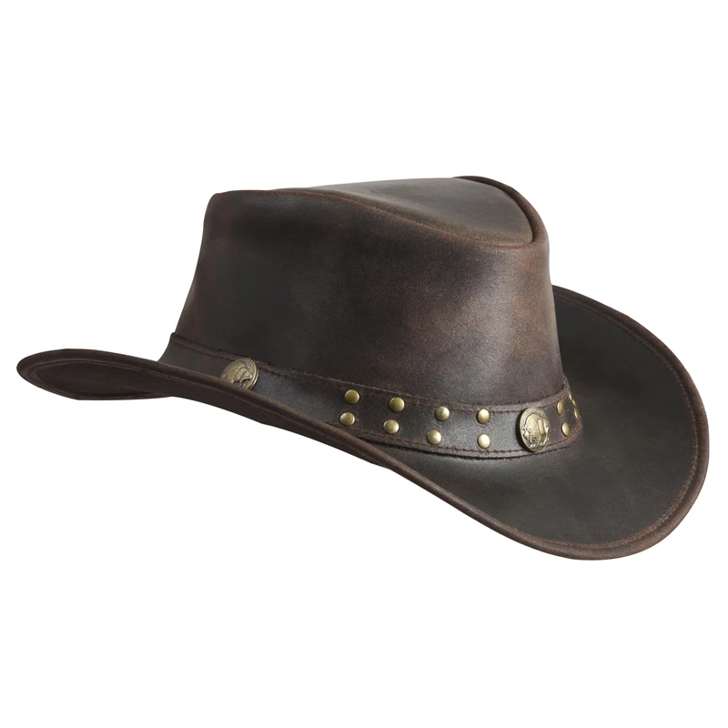 Shapeable Outback hat Style Leather Cowboy Old Style hat for Men and Women Western Wide Brim Vintage (UK, Alpha, XL, Dark Brown)