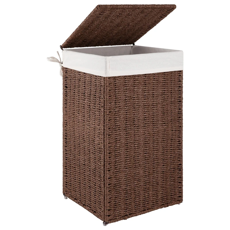 OIAHOMY Laundry Hamper with Lid, 17.2 Gal (65L) Wicker Hamper with Removable Liner Bag, Handwoven Clothes Basket with Handles, Foldable Paper Rope Basket for Laundry Room, Bedroom-Brown