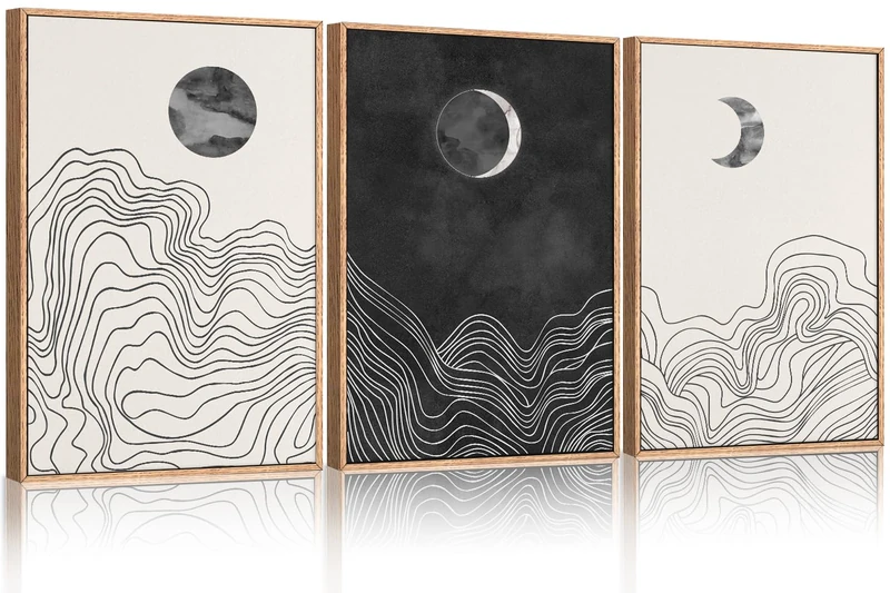 HLNIUC Black and White Abstract Wall Art Set of 3, Large Boho Framed Canvas Decor(24x36), Modern Celestial Sun Moon Painting, Geometric Line Mountain Art Print for Living Room, Bedroom, Office