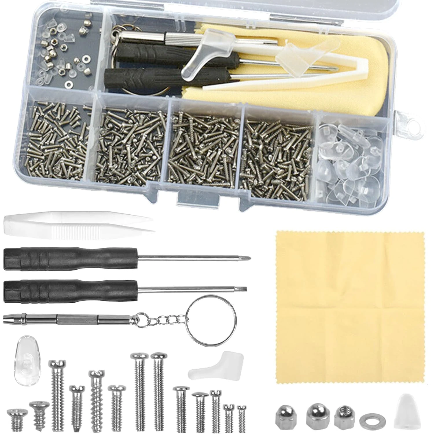 500 PCS Eyeglass Repair Kit - Complete Set with Screws, Screwdrivers, Nose Pads, Cleaning Cloth & More, Portable for Quick Eyewear Fixes, Ideal for Glasses & Sunglasses