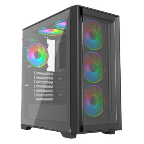 VIDA Versa Black ARGB Gaming Case w, Glass Side and Glass,Mesh Front, ATX, 6x ARGB Fans, 6-Port Fan Hub and Remote Control, Glass and Mesh Front Panels included