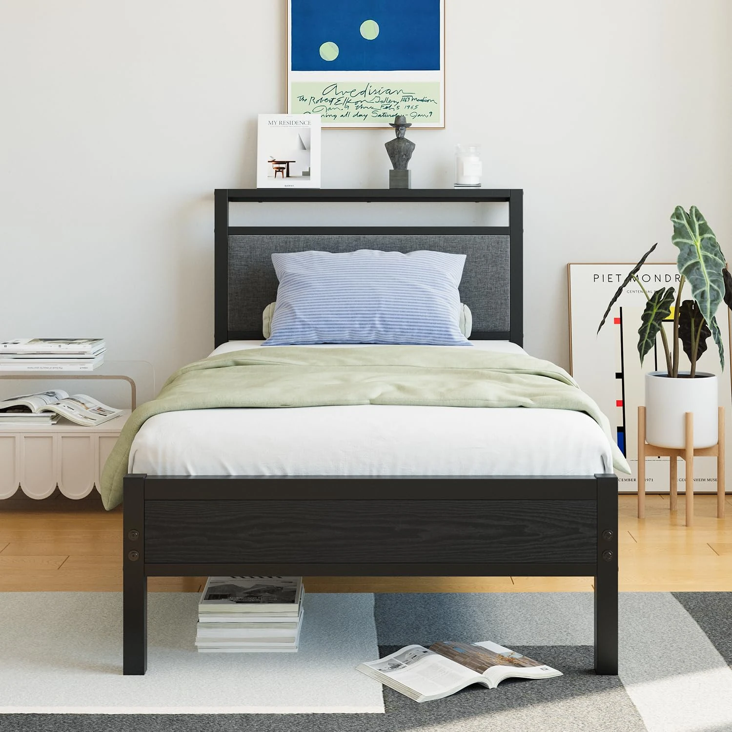 FOUBAM Twin Size Bed Frame with Fabric Upholstered Headboard,Platform Bed Frame Twin with Storage Headboard,and Slats Support, Mattress Foundation/No Box Spring Needed/Easy Assembly (Black)