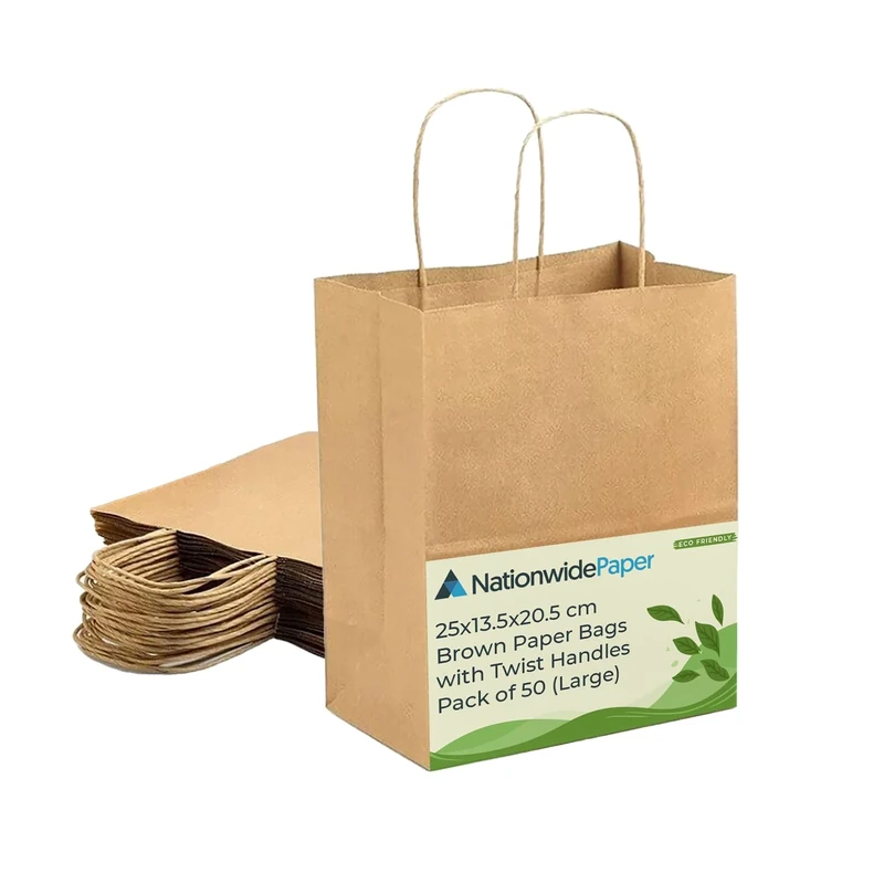 Nationwide Paper 300pcs Large Brown Paper Bags, Party Bags, Gift bag DIY, Shopping bag, Carrier bag and Sweet bags with Strong Twisted Handles (25x14x30cm)