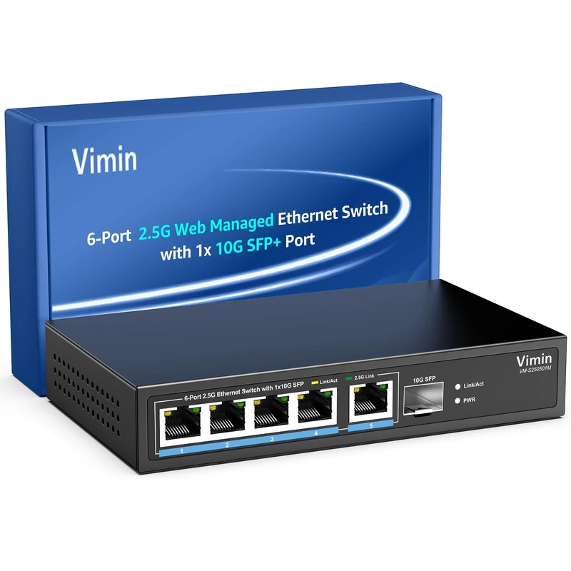 VIMIN 5 Port 2.5G Base-T Smart Web Ethernet Switch Managed with 10Gbps SFP Port, Compatible with 100/1000/2500Mbps Network, 6-Port 2.5 Gigabit Managed Switch for 2.5G NAS, Gaming PC