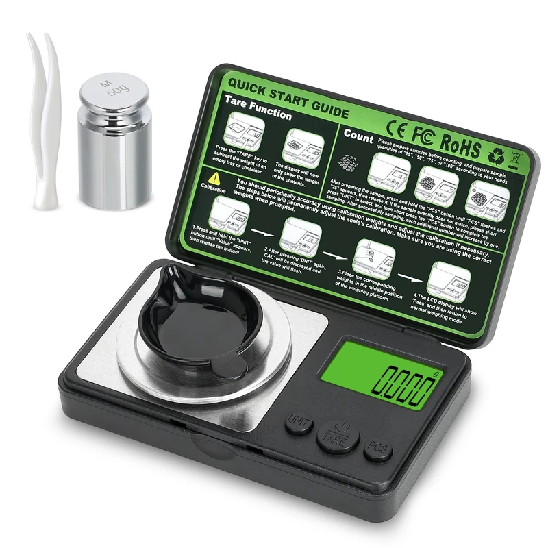 Muaket 0.001g/50g Digital Milligram Scale, Pocket Micro Scales with 7 Units, Mini Gram Scale, High Precision Mg Scale for Powders, Jewelry, Medicine, with Cal Weight, Tweezer, Weighing Pan, Battery