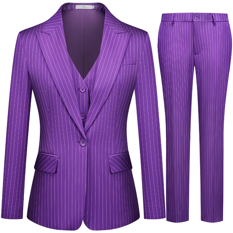 Kelyaa Women's 3 Piece Striped Suit One Button Slim Fit Business Work Professional Blazer Jacket Vest Pants Set, Purple, S