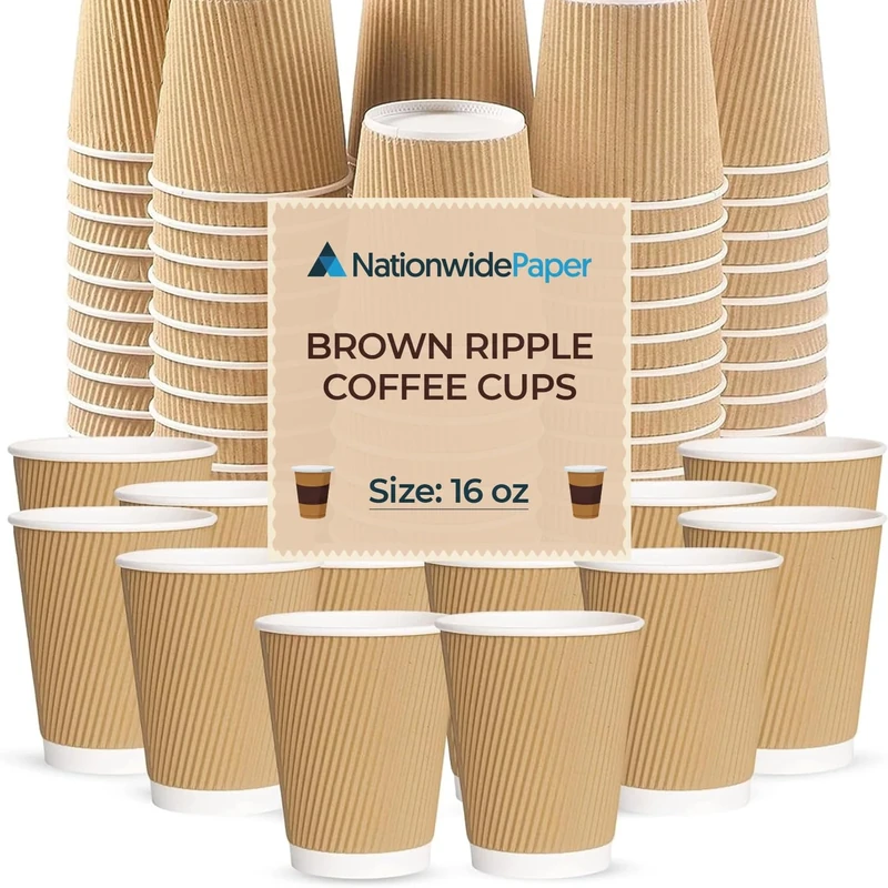 Nationwide Paper Brown Coffee Cups Without Lids 16oz Disposable Premium Kraft Takeaway Leakproof Paper Cups Triple Walled Ripple Cups for Tea, Coffee, Hot Drinks - 500 Pcs