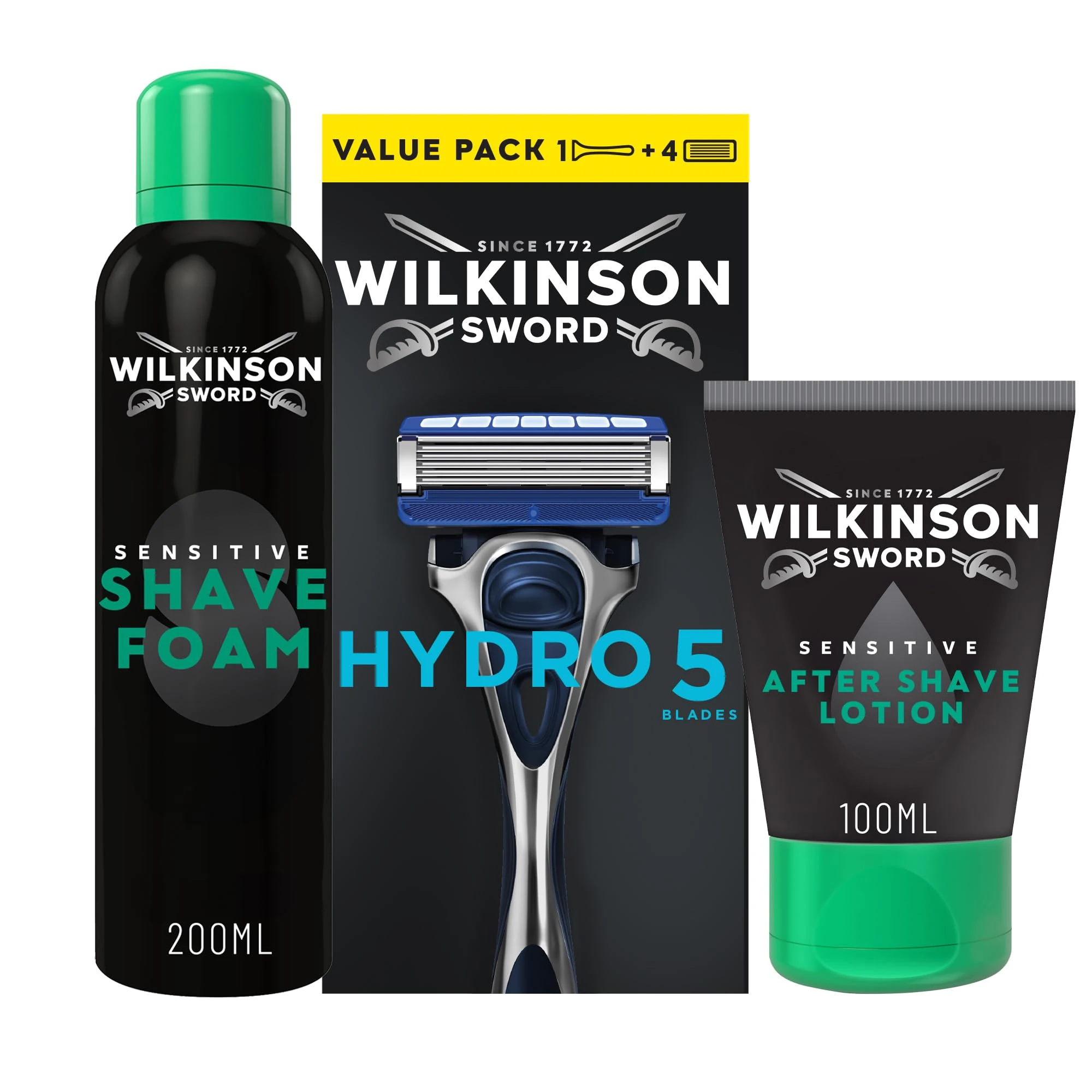 WILKINSON SWORD - Hydro 5 Razor For Men+ 3 Razor Blades, Sensitive Shaving Foam for Men 200ml, Sensitive Men's Aftershave Balm Lotion 100ml