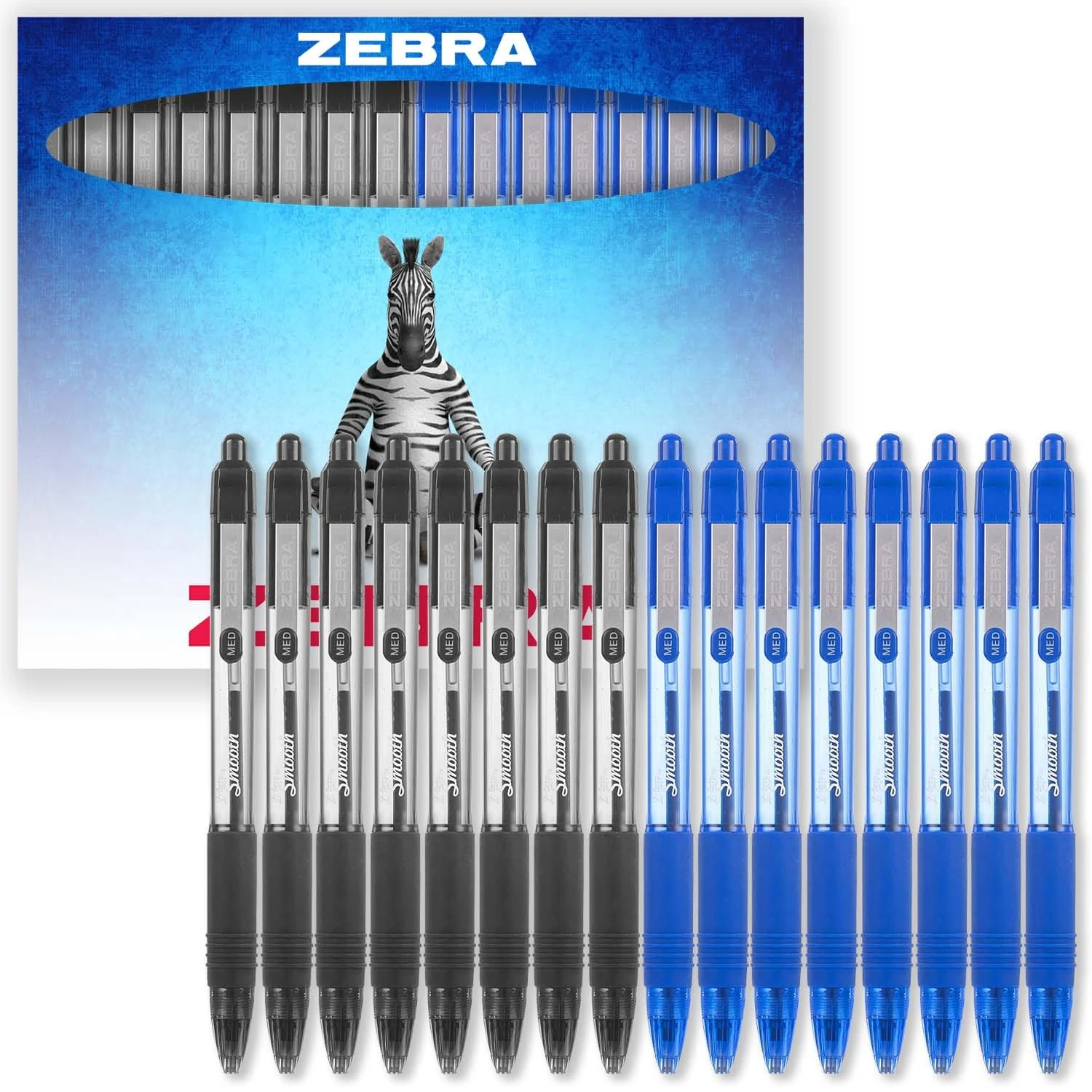 Zebra Z-Grip Smooth Ink Retractable Ballpoint Pen - 1.0mm Nib - Pack of 16 Pens - In Gift Box Packaging (Black, Blue)