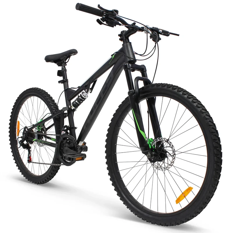 Huffy Marker 26" Full Suspension Mountain Bike Black Boys MTB Ages 13+, 21 Speed Disc Brakes, Fits Riders 5'0" to 5'10"