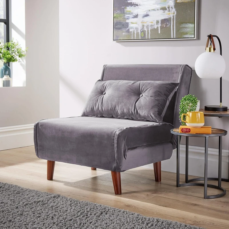 Home Source Single Sofa Bed Futon Chair with Pillow, Folding Recliner Settee, Grey Velvet