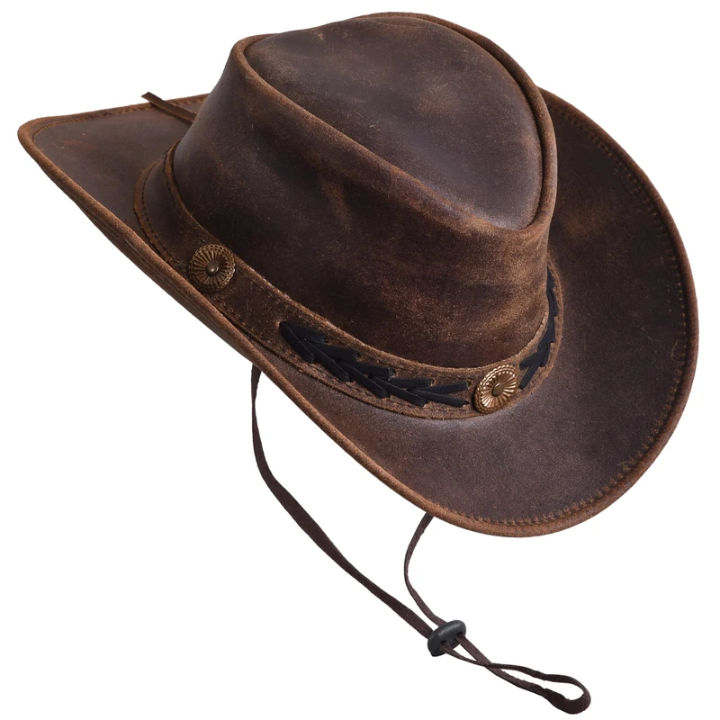 Sidewinder Shapeable Outback hat Western Style Leather Cowboy hat for Men and Women Wide Brim Vintage Old Style, Brown, XXL