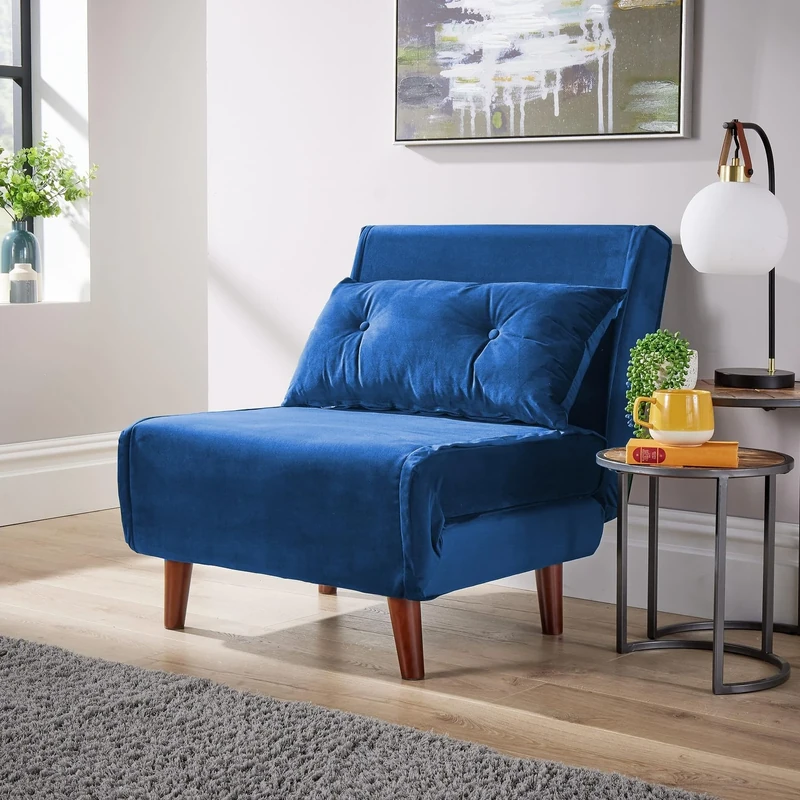 Home Source Single Sofa Bed Futon Chair with Pillow, Folding Recliner Settee, Blue Velvet