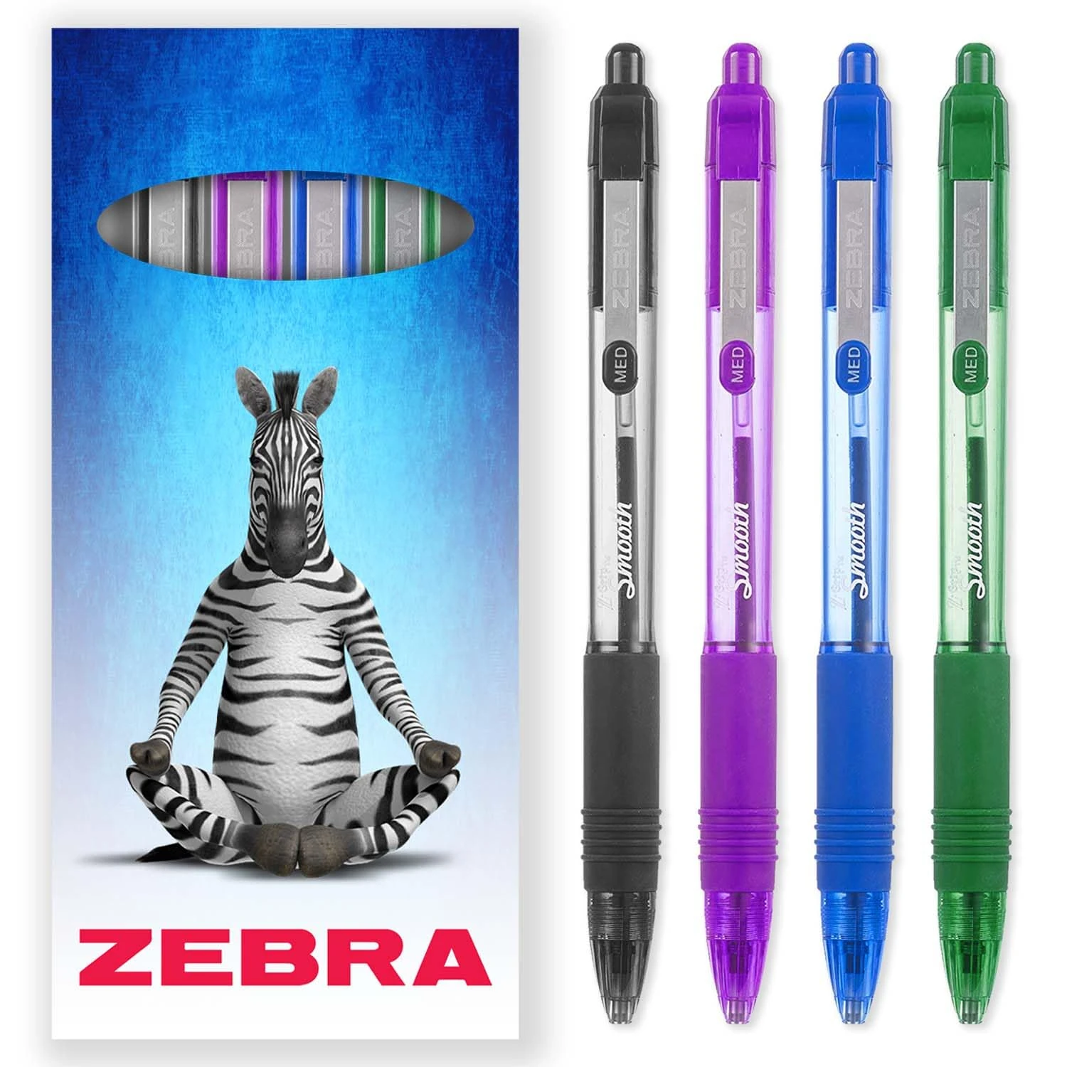 Zebra Z-Grip Smooth Ink Retractable Ballpoint Pen - 1.0mm Nib - Pack of 4 Pens - In Gift Box Packaging (Black, Violet, Blue, Green)