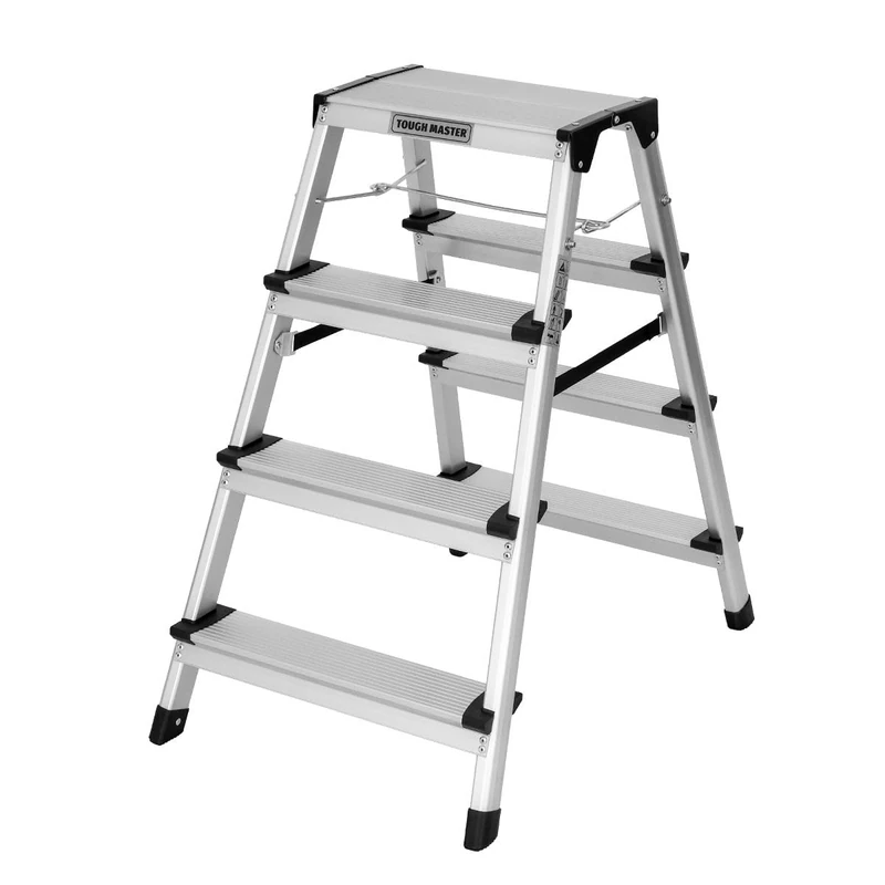 Step Ladder Double-Sided Folding Step Up Stool Heavy Duty Hop Up Aluminium Platform 150kg Capacity Multi-Purpose DIY Indoor Outdoor Usage TOUGH MASTER (4 Steps)