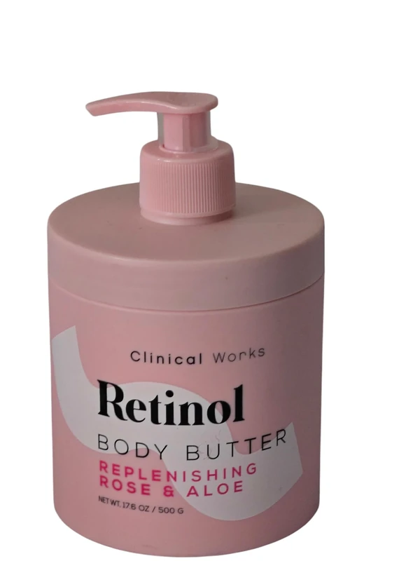 RETINOL BODY BUTTER REPLENISHING ROSE & ALOE (Pump Bottle) 500G Retinol increases skin cell production (proliferation). It helps unclog pores. Retinol also exfoliates your skin and increases collagen