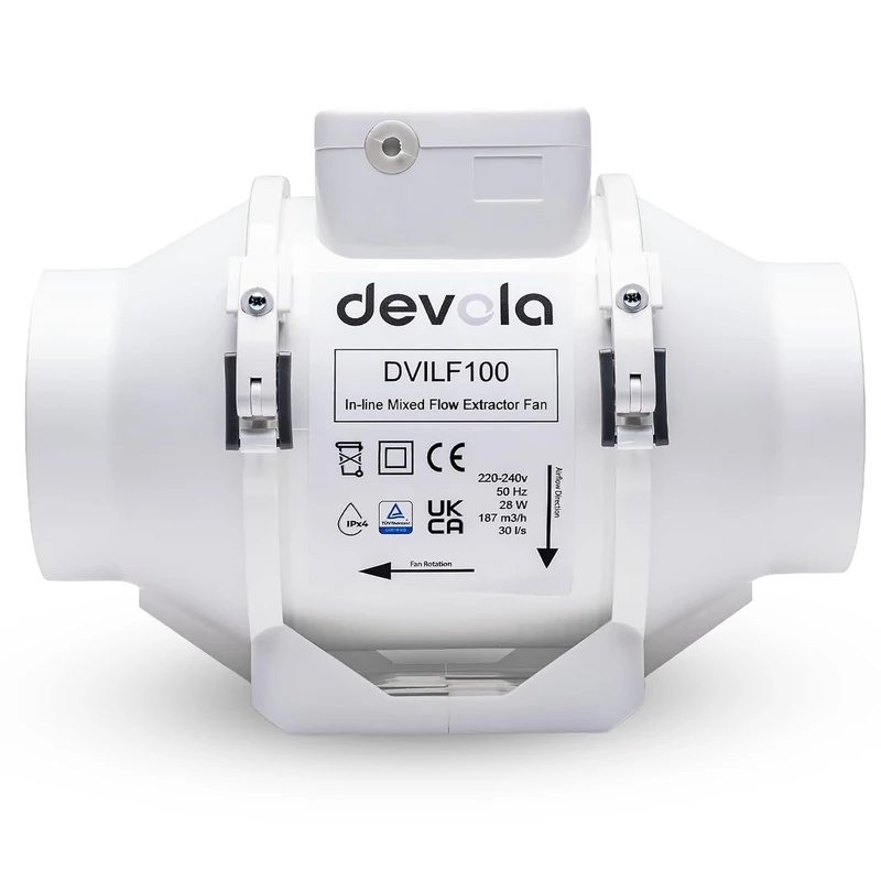 Devola DVILF100 100mm Inline Mixed Flow Fan - 187 m3/h, 27 dB