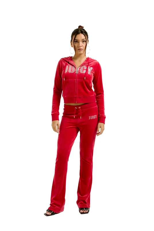 Juicy Couture Women's Hoodie Weiche Velour Sweatjacke mit Kapuze und Fronttaschen für Sport Freizeit Fitness in Versch. Farben Hooded Sweatshirt, Astor Red, S