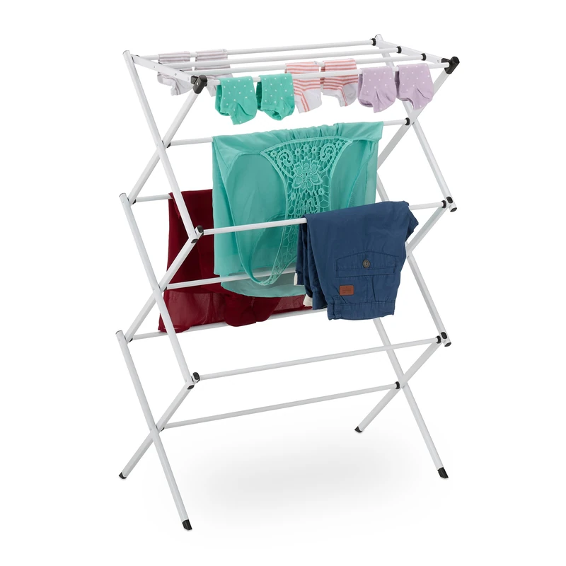 Relaxdays Drying Rack for Clothing, Folding Laundry Airer, 11 Rods, 6 Tiers, 105x73x37 cm, Metal Clothes Horse, White - Image 1
