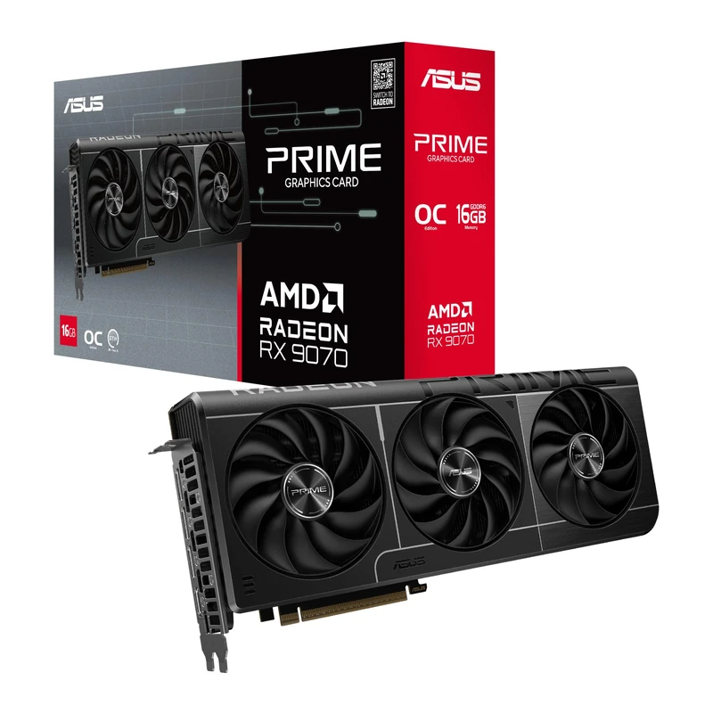 ASUS PRIME RX9070 OC, PCIe5, 16GB DDR6, HDMI, 3 DP, 2610MHz Clock, Overclocked, Compact SFF-Ready
