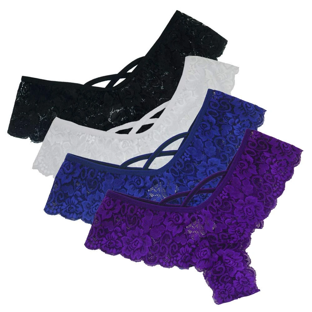 AnnSemo 4 Pack Lace G-String Thongs for Women Floral Sexy Underwear See Through French Knickers Low Waist Seamlless Sheer Panties Lacy Nightwear Cheeky Hipster Bikini Briefs Multipack