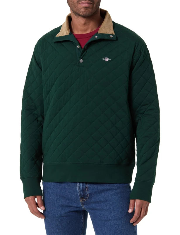GANT Men's Quilted Sweat Cord Collar Sweatshirt, Tartan Green, L