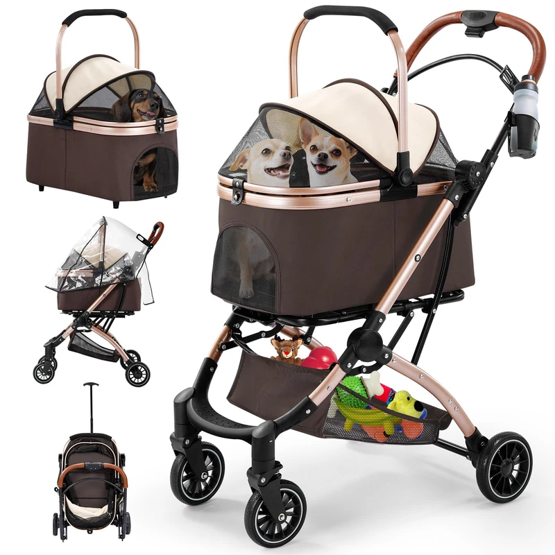 Gimars Dog Trolley, 3-in-1 Foldable Dog Buggy up to 20 kg, 360° Large Wheels, Cat Trolley, Dog Buggy for Small Hun with Mesh Windows, Drink Holder, Rain Cover, Retractable Pull Rod, Khaki