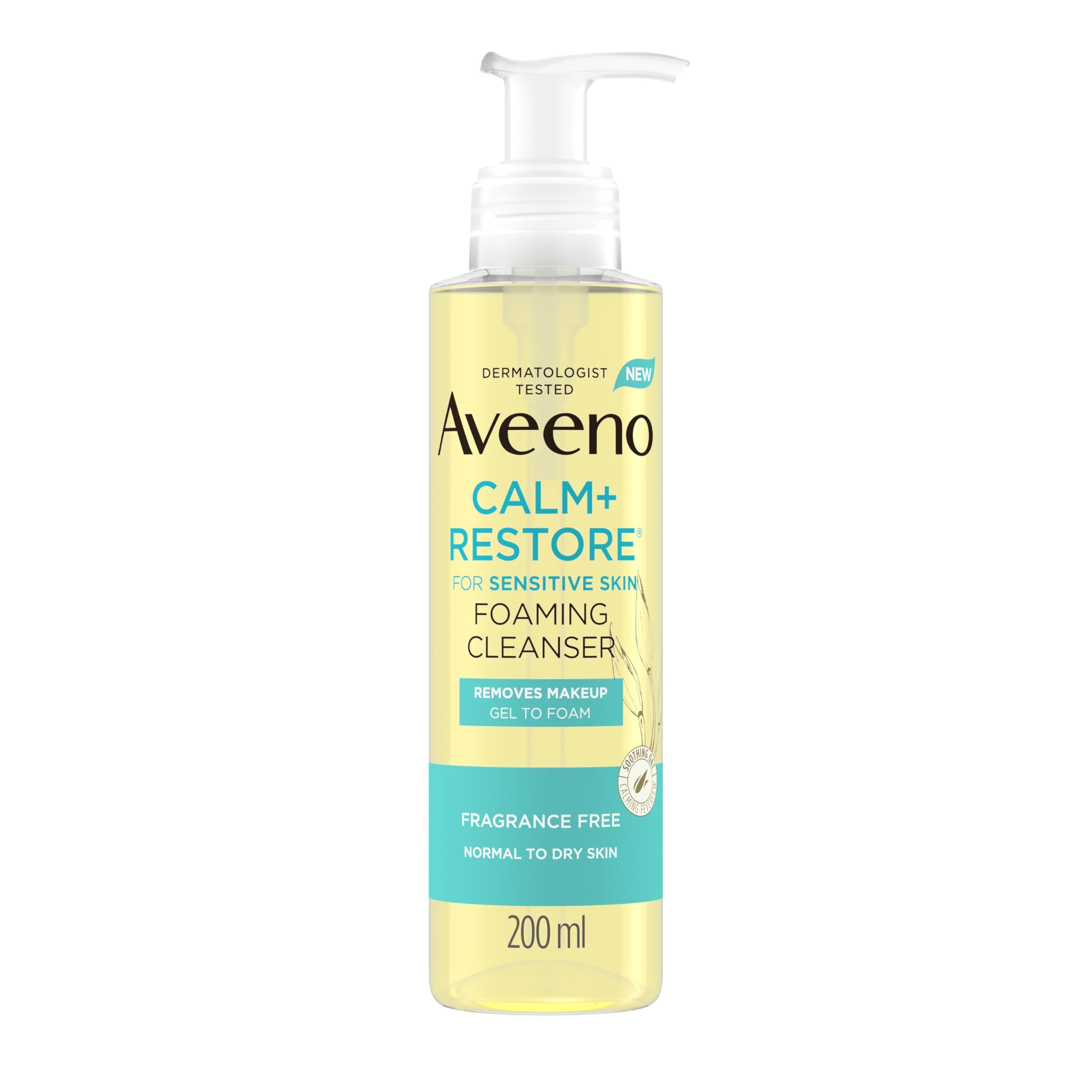 Aveeno Face CALM+RESTORE® Foaming Cleanser, Removes Makeup + Waterproof Mascara, Gel to Foam, For Sensitive Skin, Fragrance Free 200ml