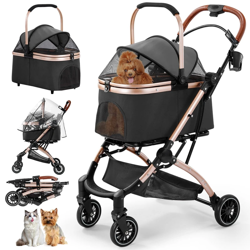 Gimars Dog Trolley, 3-in-1 Foldable Dog Buggy up to 20 kg, 360° Large Wheels, Cat Trolley, Dog Buggy for Small Hun with Mesh Windows, Drink Holder, Rain Cover, Retractable Pull Bar, Black