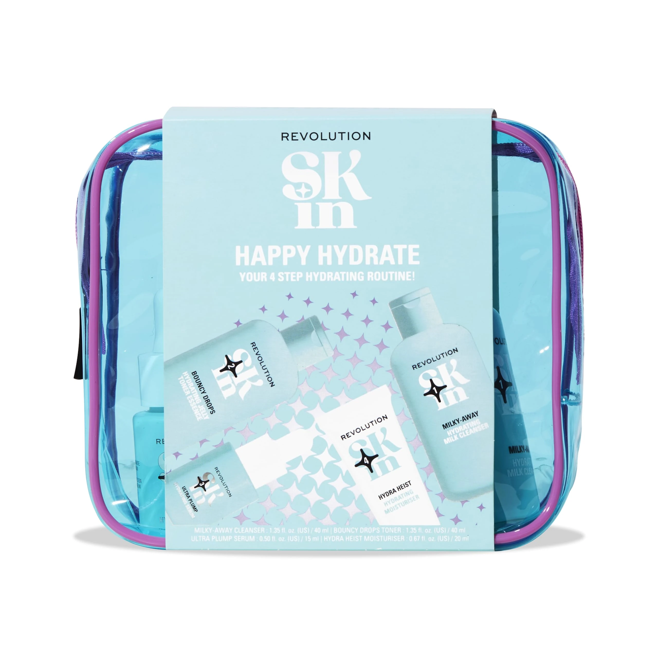 Revolution Skin, Happy Hydrate 4 Step Starter Kit, Hydrating Skincare Set Includes Cleansing Milk, Essence, Serum & Moisturise, Vegan & Cruelty-Free, 4 Products Included