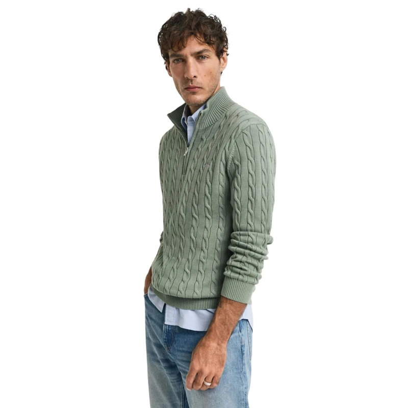 GANT Cotton Cable Half Zip, Khaki Green Mel, XL
