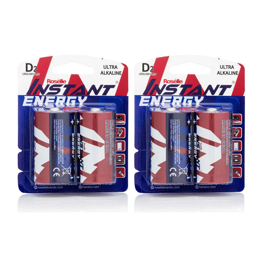 Roselle Instant Energy Ultra Alkaline D Size Batteries (4 Pack), LR20/AM1/1.5V