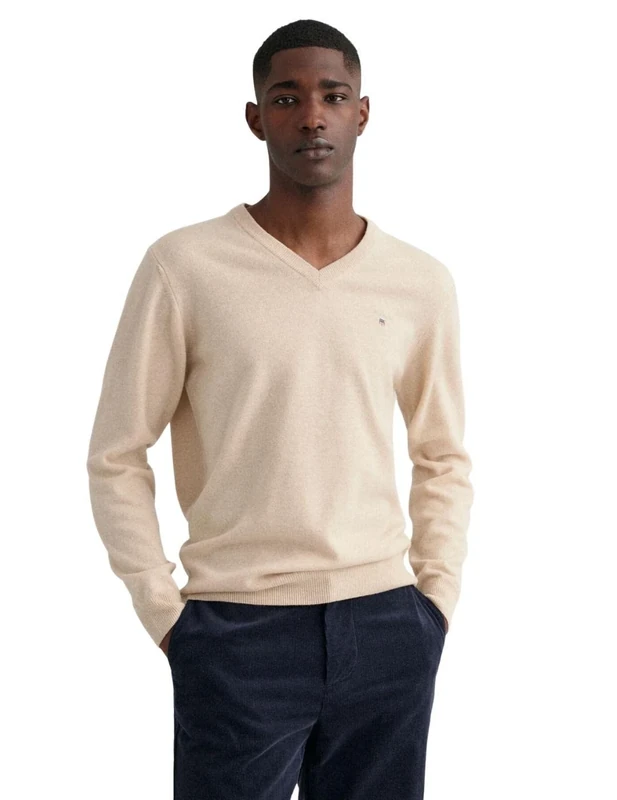 GANT Men's Classic Cotton V-Neck Pullover, Dk. Sand Melange, XL