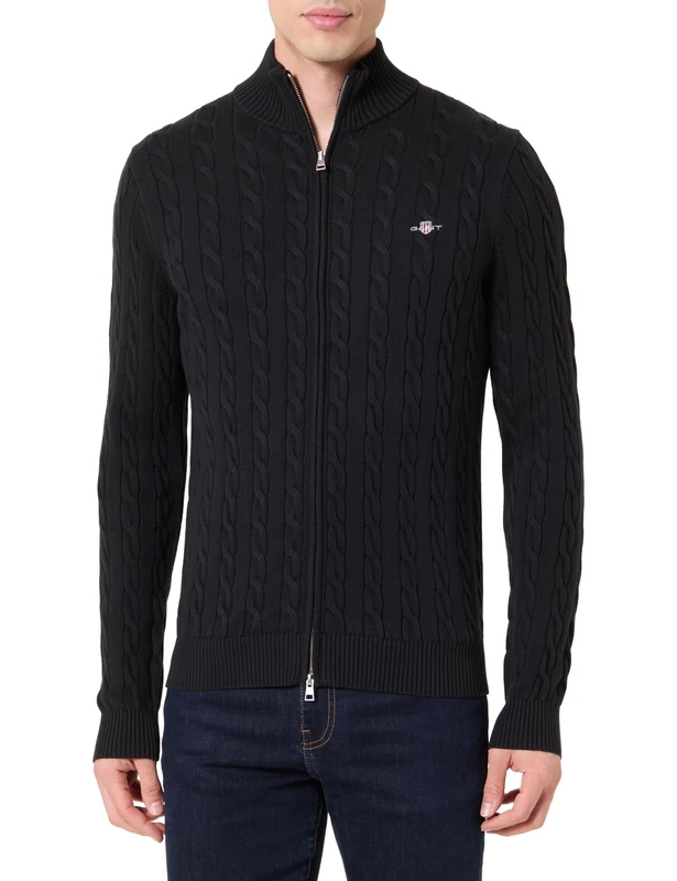 GANT Men's Cotton Cable Zipped Cardigan Sweater, Black, XL