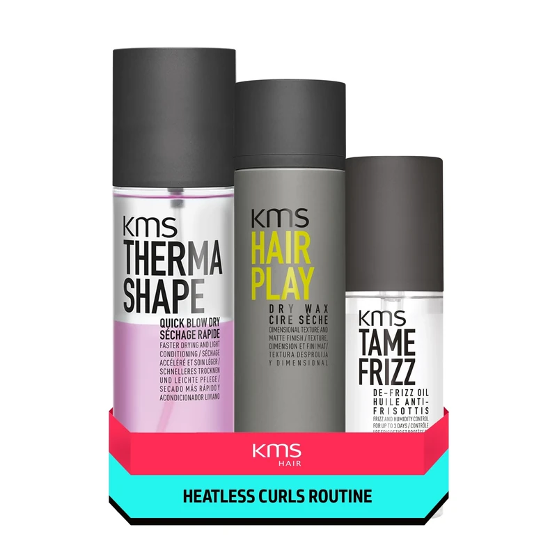 KMS Hair Heatless Curls routine - ThermaShape Quick Blow Dry spray 200ml, HairPlay Dry Wax 150ml, TameFrizz De-frizz Oil 100ml