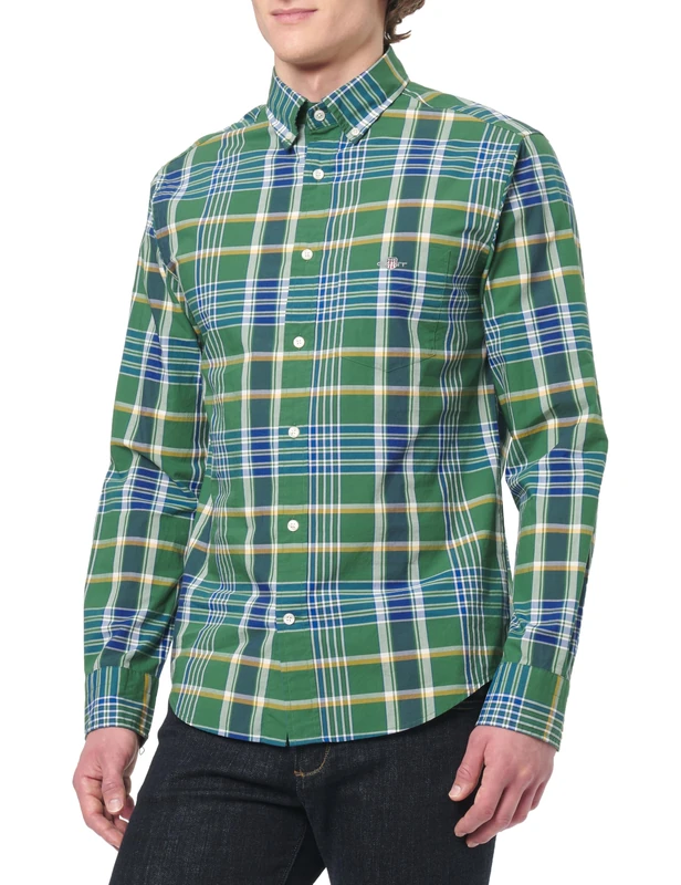 GANT Men's Reg Classic Poplin Check Shirt, Green, L