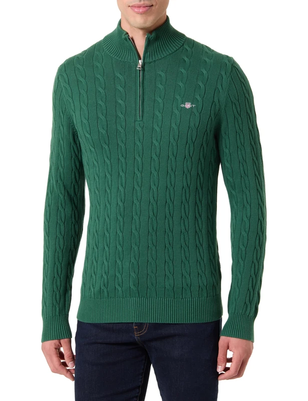 GANT Men's Cotton Cable Half Zip Pullover, Forest green, 4XL